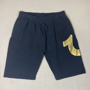 True Religion Shorts Mens Large Black Athletic Gold Logo Gym‎ Workout Adult